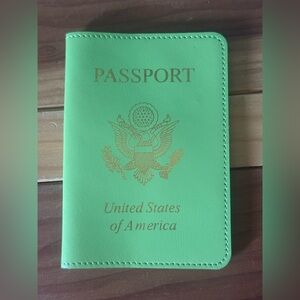 Baekgaard Leather Passport Cover Apple Green Coral Gold Letters NWT